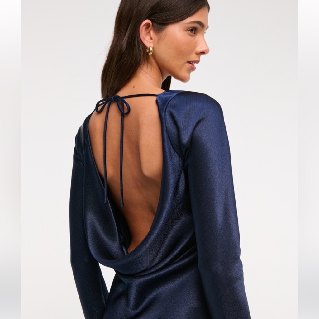 Abercrombie & Fitch Navy Long Sleeve Open-Back Satin Dress
